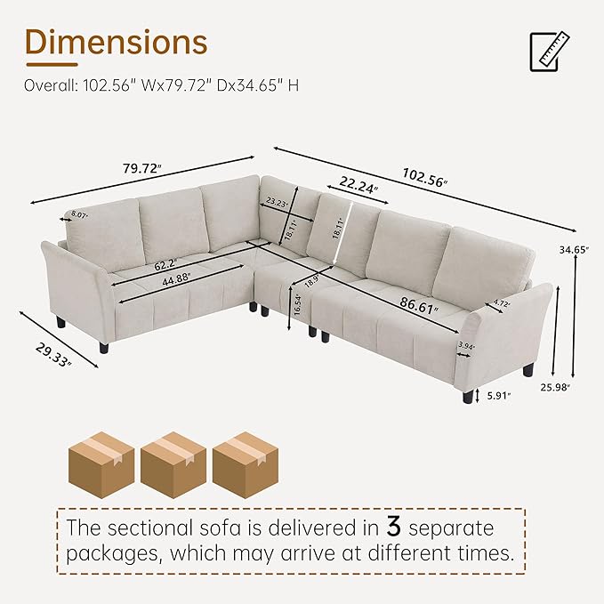 102 L Shape Sectional Sofa with Corner 6 Seat Convertible Modern Corner Sofa with Removable Covers for Living Room Ofiice Beige