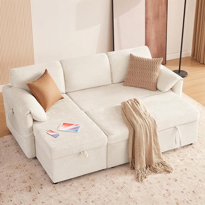 Tbfit 83'' 3 in 1 Sleeper Sofa Couch with USB &amp Storage Chaise Sherpa Sofa Bed with Pull Out Bed Convertible Sleeper Sofas for Living Room Small Spaces White