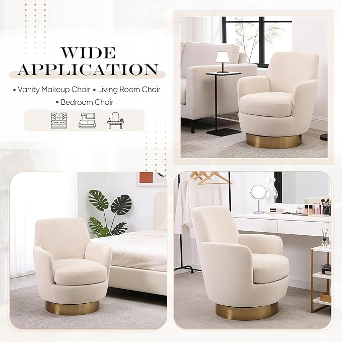 360° Swivel Barrel Chair Set of 2 28.3 Modern Velvet Round Accent Chair Comfy Upholstered Small Armchair with Gold Metal Base for Living Room Bedroom Nursery Office Sillas para Sala Beige