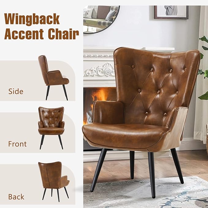 Furniliving PU Leather Accent Chair for Living Room Upholstered Reading Chair with High Backrest Tufted-Button Wingback Armchair for Bedroom Dressing Room Home Office Brown