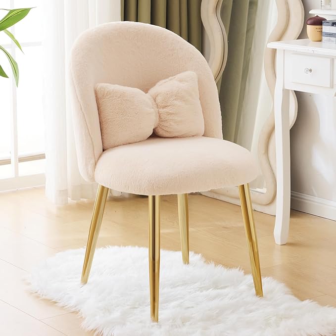 VINGLI Boucle Girls Vanity Chair with Back &amp PillowCute Small Cozy Desk Chair No WheelsComfy Makeup Ch with Ajustable Gold Legsfor BedroomLiving RoomSmall SpaceKhaki