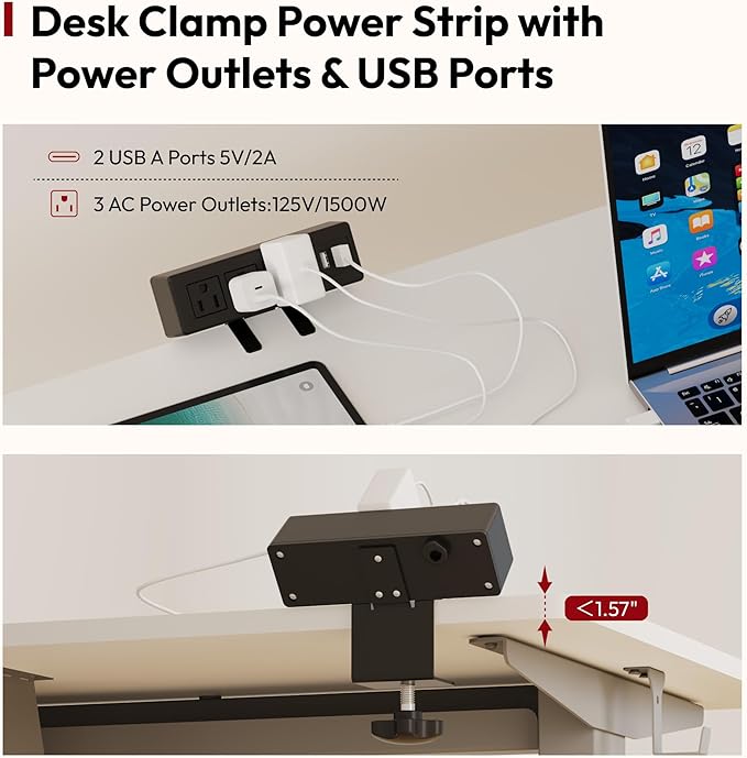 SANODESK Electric Standing Desk with Desk Clamp Power Strip 60x 24 Whole-Piece Desktop Height Adjustable Stand Up Desk with Cable Management Sit Stand Home Office Desk Silver Frame/White Top