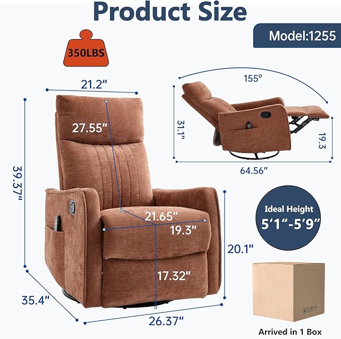 Massage Recliner Chair with Heat Slim Recliners for for Adults Swivel Rocking Chair Recliner with High Back Small Recliner Chair for Small Spaces Living Room Adjustable Footrest (Orange)