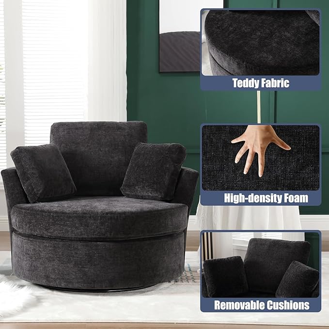Oversized Swivel Barrel Chair Round Single Sofa with 3 Pillows Circle Accent Lounger Armchair Chairs for Bedroom Living Room Lounge Hotel (Black Chenille)