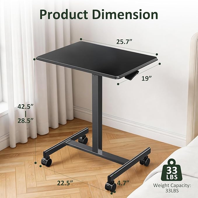 Adjustable Mobile Standing Desk Rolling Sit-Stand Laptop Desk with Locking Wheels Compact Portable Computer Table for Home Office or Dorm Black