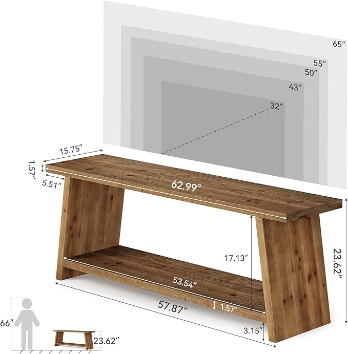 LITTLE TREE Solid Wood TV Stand Farmhouse Media Console for 55/60/65 inch TV 2-Tier Mid-Century Modern TV Stand with Storage for Living Room Entertainment Center (Walnut 63-Inch)