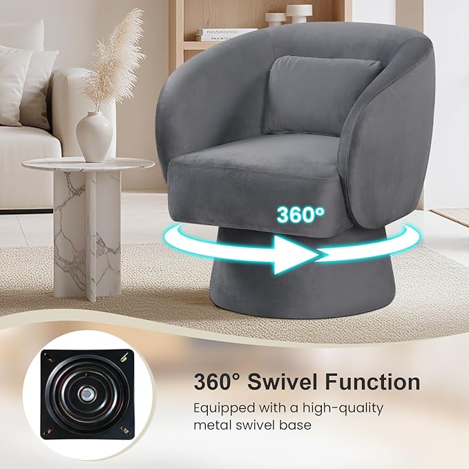 Giantex Swivel Accent Chair Upholstered Barrel Chair with Curved Back &amp Removable Lumbar Pillow Comfy Round Armchair with 360° Rotating Function Single Sofa Chair for Living Room