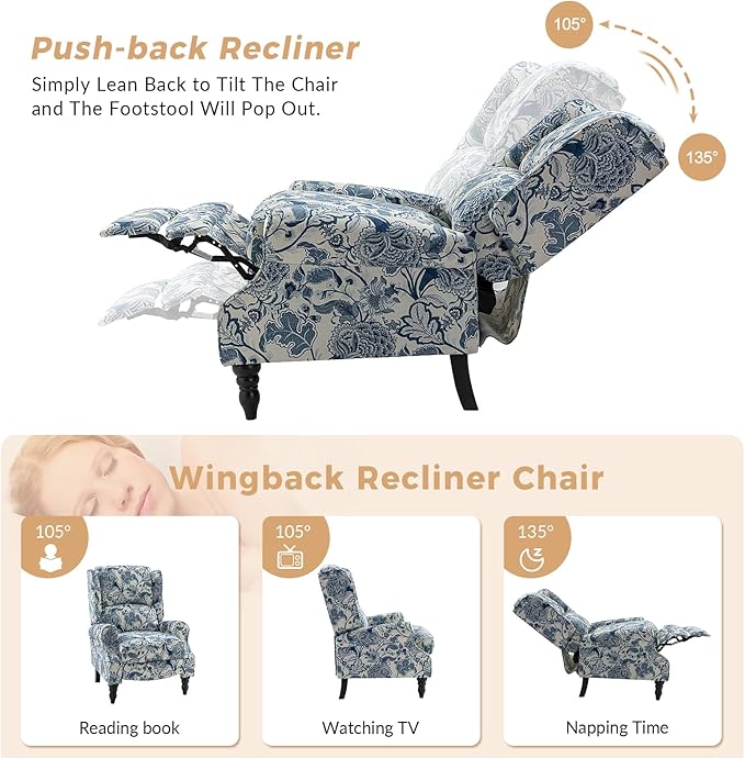 HULALA HOME Upholstered Wingback Recliner Chair Set of 2 Small Adjustable Footrest Push Back Single Reclining Sofa Mid Century Modern Lounge Armchair for Living Room Bedroom Reading/Jacobean