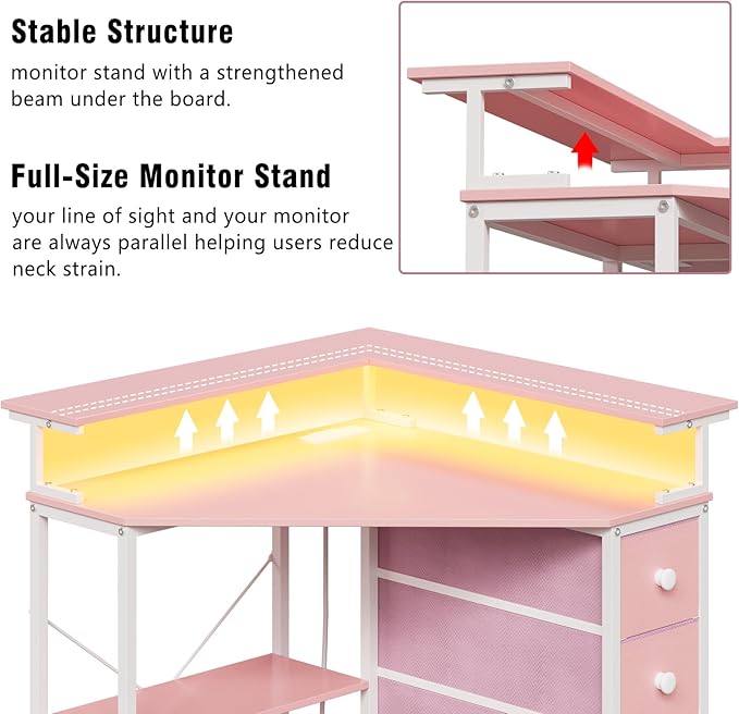 Corner Desk with Drawers Shelves for Small Space 90 Degrees Triangle Computer Desk with Power OutletsGaming Desk with LED Lights Monitor Stand for Home Office Workstation Writing Table (Pink)