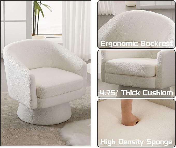 HNY Modern Swivel Accent Chairs Set of 1 White Boucle Upholstered Barrel Chairs Cozy Vanity Arm Chairs with Back Comfy Sherpa Round Lounge Reading Armchair Club Side Chairs for Living Room Bedroom