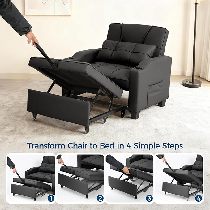 Sleeper Chair Pull Out Bed 4 in 1 Convertible Sofa Chair Bed with Vibration Massage Lumbar Pillow Single Sofa Recliner with USB/Type-C Port Cup Holders and Side Pocket for Small Spaces (Black)