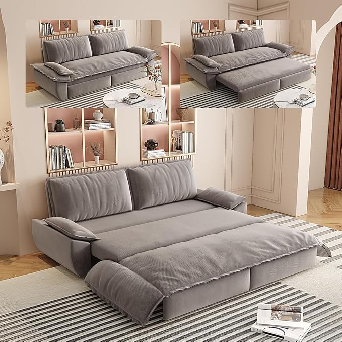 73.2 Queen Size Pull Out Sofa Bed 3-in-1 Velvet Convertible Sleeper Loveseat for Living Room Apartment Bedroom &amp Small Spaces (Grey)