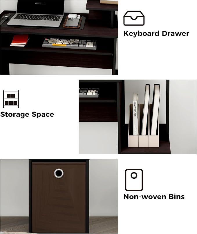 Small Computer Desk for Bedroom Home Office Desk with Drawers Storage Shelves for Living Room Study Bedroom Dark Walnut/Brown