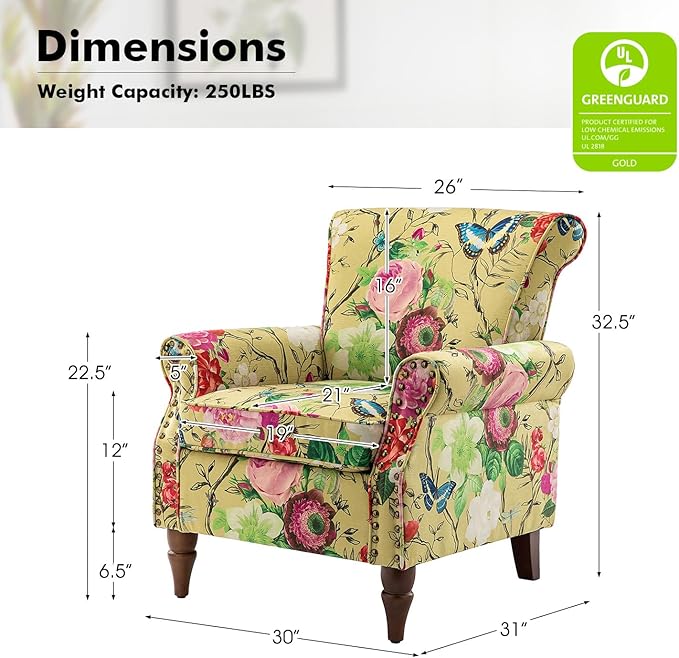 Wingback Accent Chair with Wood Legs Modern Comfy Upholstered Armchair with Removable Cushion and Nailhead Trim Floral Pattern Single Sofa Reading Chair for Living Room Bedroom
