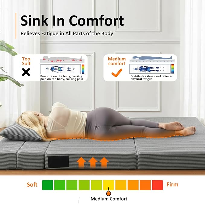 Twin Size Folding Sofa Bed - 4 in 1 Convertible Sleeper Chair with Pillow - High Density Memory Foam Futon Couch - Foldable Bed for or Living Room Bedroom (Dark Grey)