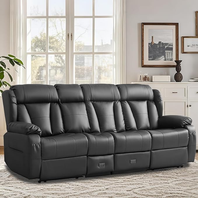 90.6 Manual Reclining Loveseat Sofa - Wall Hugger 3 Seat Loveseat Recliner with Console Fold-Down Table and Built-in Outlets Recliner Couch for Living Room RVs Home Theater Seating