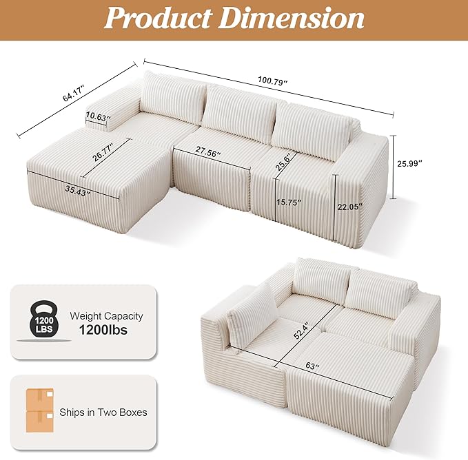 101 Cloud Couch Boneless Modular Sofa Compression Memory Foam Sectional Couches Comfy Corduroy L Shaped Sofas with Chaise Lounge for Living Room No Assembly Required (Beige 101in)
