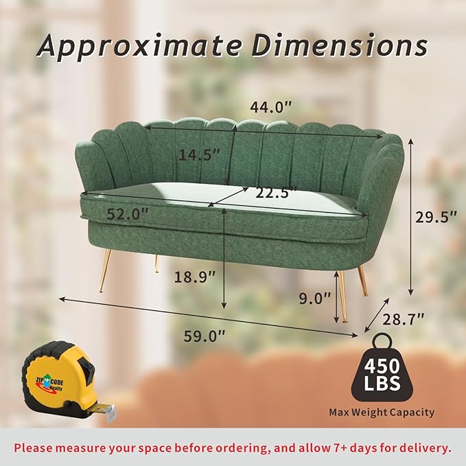 59'' Loveseat Sofa Modern Chenille 2-Seater Sofa with Golden Legs Comfy Upholstered Shell Accent Couch for Studio Living Room Store Office (Green).
