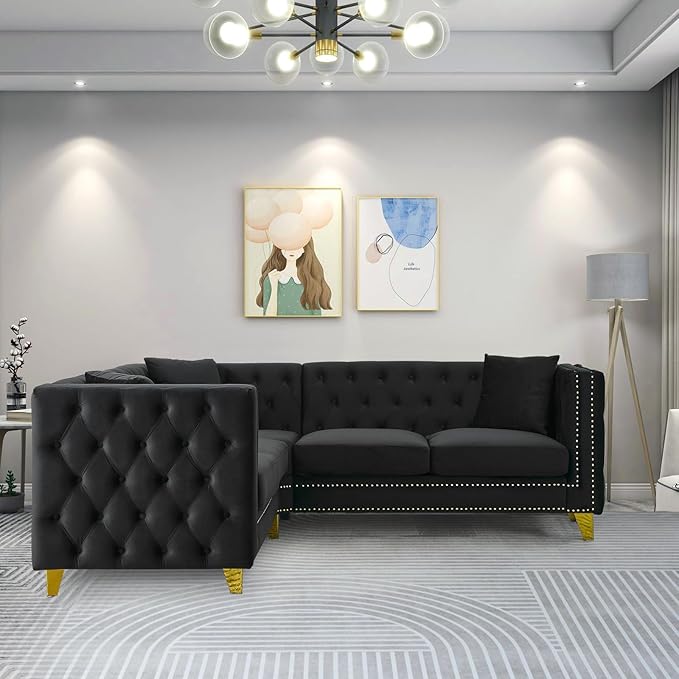 Velvet L Shaped Sofa Couch Upholstered Sectional Couch with Tufted Back and Rivet Decoration Modern 5 Seater Corner Sofa with Golden Tapered Legs and 3 Pillows Comfy Couches for Living Room Black