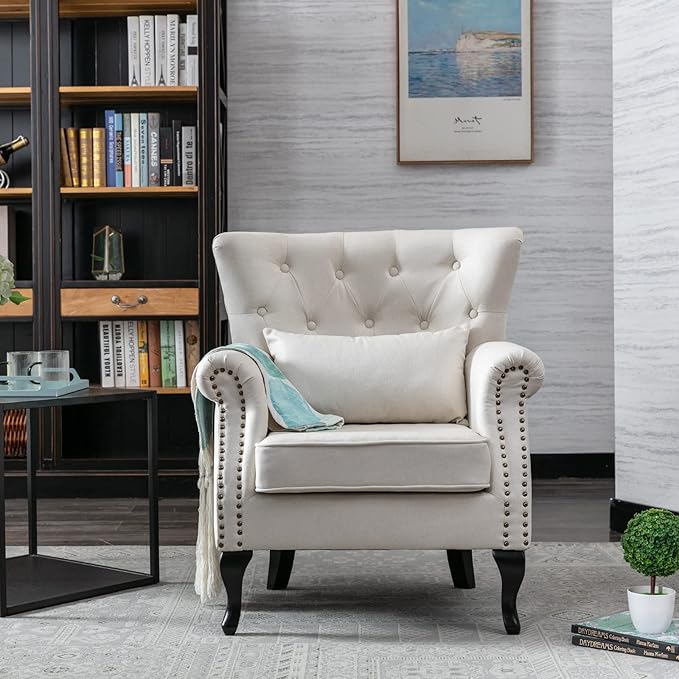 Accent Reading Arm Chairs for Living Room Bedroom Midcentury Modern Comfy Corner Sofa Chair Wingback Waiting Room Club Chair with Button Tufted Back &ampLumbar Pillow Linen Beige