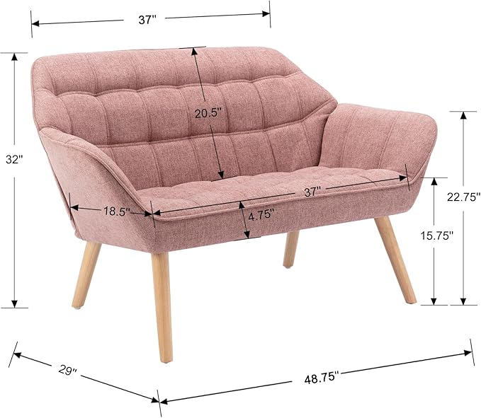 48”Small Loveseat Sofa Modern Linen Upholstered Mini Couch 2-Seater Fluffy Love Seat with Quilting Backs and Wood Legs for Small Space Living Room Bedroom Pink