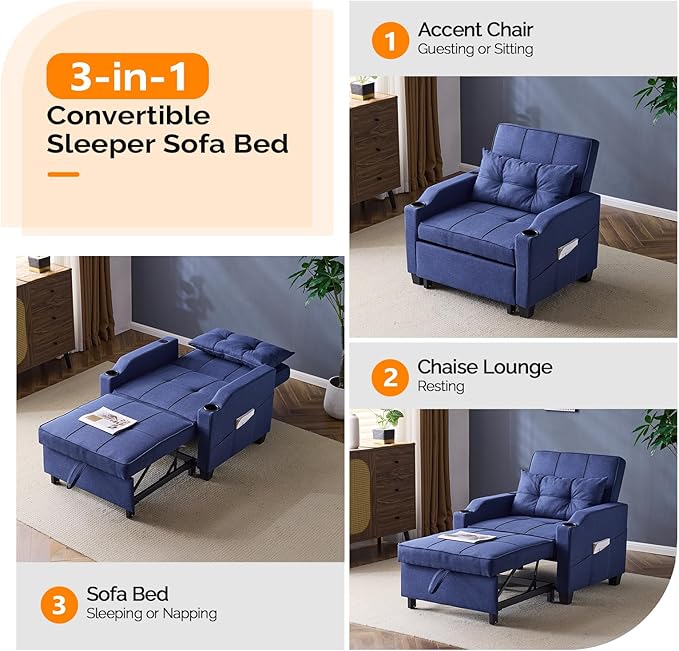 VINGLI Navy Blue Sleeper Chair Bed 3-in-1 Convertible Futon Sofa Bed Pull Out Couch Bed Adjustable Recliner Chair with USB Ports Cup Holders Side Pockets for Living Room Bedroom Small Spaces