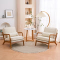 Mid Century Modern Accent Chair with Wood Frame Upholstered Lounge Linen Fabric Armchair Comfy Reading Leisure Chair with Cushion for Living Room Bedroom Balcony (Beige Set of 2)