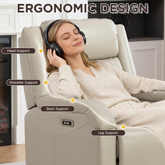 Faux Leather Power Recliner Chairs for AdultsClassic and Traditional Recliners with Arms and Back Electric Recliner Chair with Cup Holders &amp Charging Port Beige