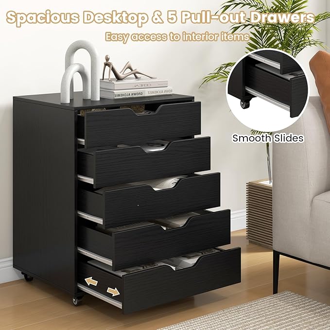 File Cabinet Mobile Filing Cabinet w/Universal Wheels &amp 5 Drawers Wood Printer Stand with Storage Rolling File Cabinets for Home Office Living Room Bedroom (Black 5 Drawers)