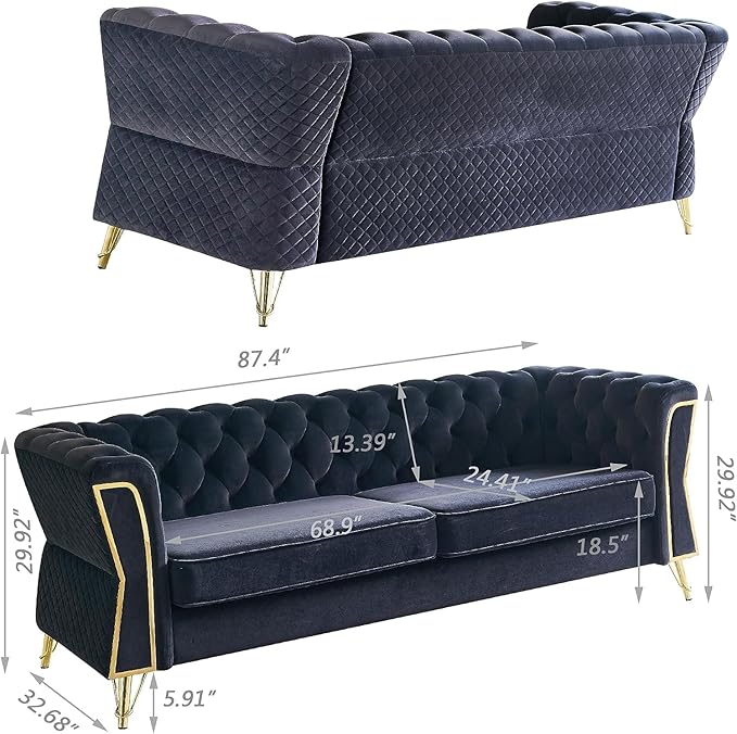 KEVINSPACE 87.4 Velvet Modern Chesterfield Tufted 3 Seater Button Sofa Mid Century with Unique Arms for Living Room Bedroom Small Space - Black