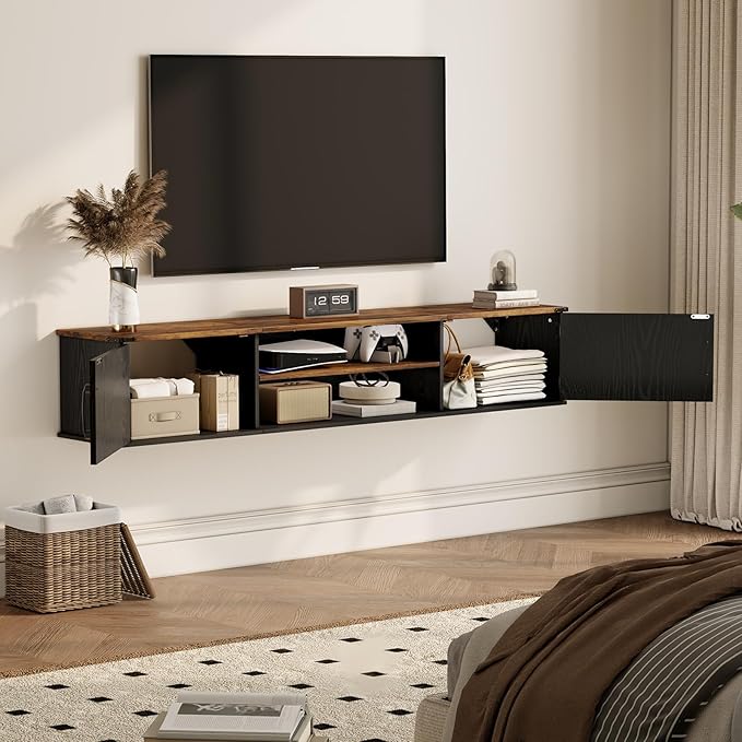 Floating TV Stand with Doors 63'' Farmhouse Floating TV Shelf for TVs up to 80 Inch 2 Tier Wall Mounted TV Stand Floating Entertainment Center TV Floating Cabinet for Living Room Bedroom Black
