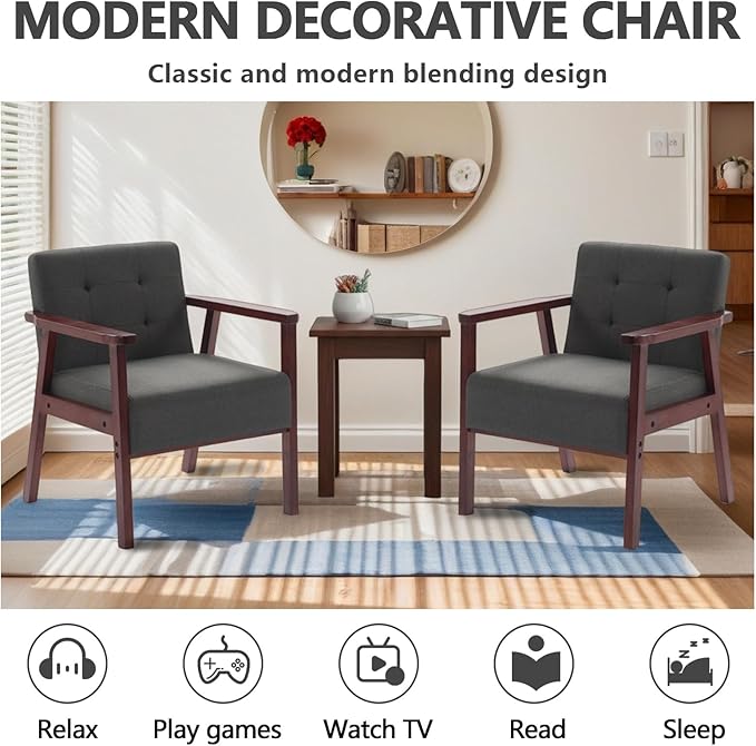 Mid-Century Accent ChairModern Fabric Living Room Chairs with Solid Wood FrameComfy Armchair Lounge Reading Chairs for Bedroom Office Small Spaces (Grey-Fabric)