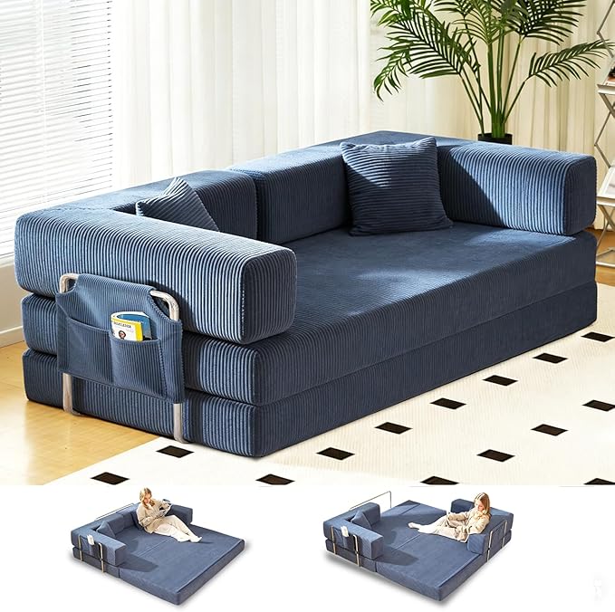 Folding Sofa Bed Convertable Corduroy Couch King Size Floor Sleeper 4-in-1 DIY Combination Modular Sofa Fold Out Futon Lounge Comfy Foldable Lazy cama for Living Room (Blue 80.15)