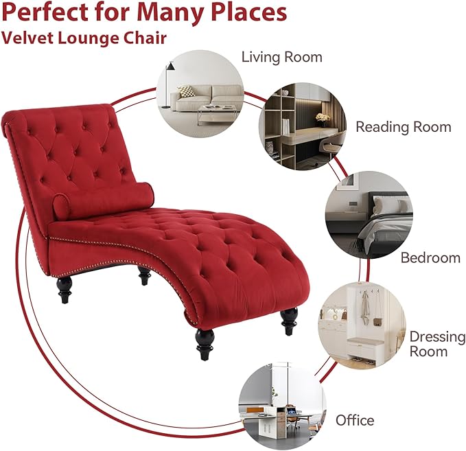 Velvet Chaise Lounge Chair Indoor Comfy Upholstered Chaise Lounge with Pillow and Solid Wood Legs Button Tufted Leisure Sofa Recliner for Living Room Bedroom Office Apartment (Red)