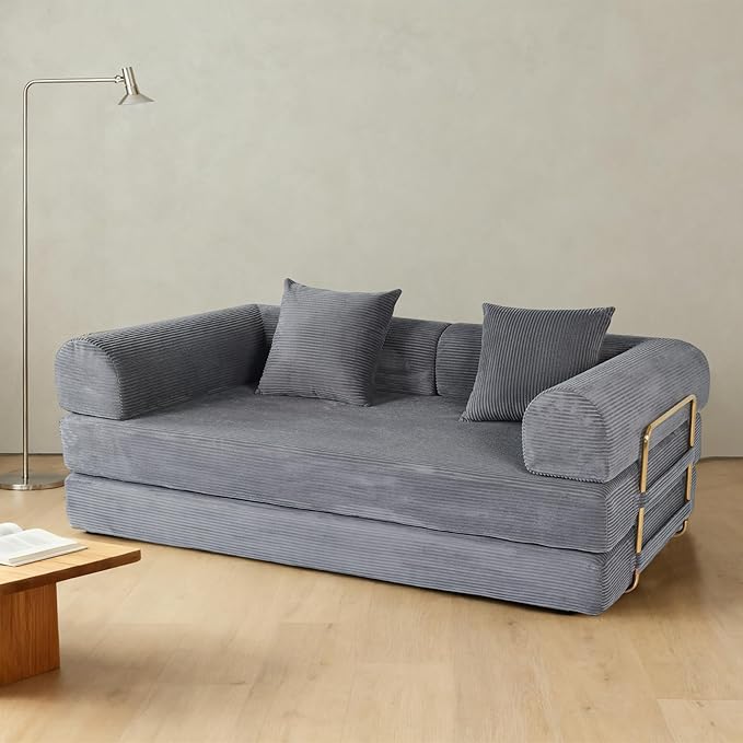 Foldable Sofa Bed 75 Inch Boneless Couch Convertible Memory Foam Sleeper Sofabed Floor Mattress with 2 Pillows Microfiber Cloud Sofa for Living Room Apartment No Assembly (Grey)