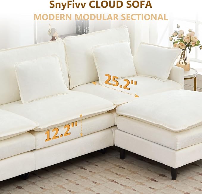 113 Chenille Modular Sectional Sofa Convertible L Shaped Modular Sofa Comfy Cloud Couch with Ottoman Side Pockets and 5 Throw Pillows for Living Room (White 113 - 5 Seats)