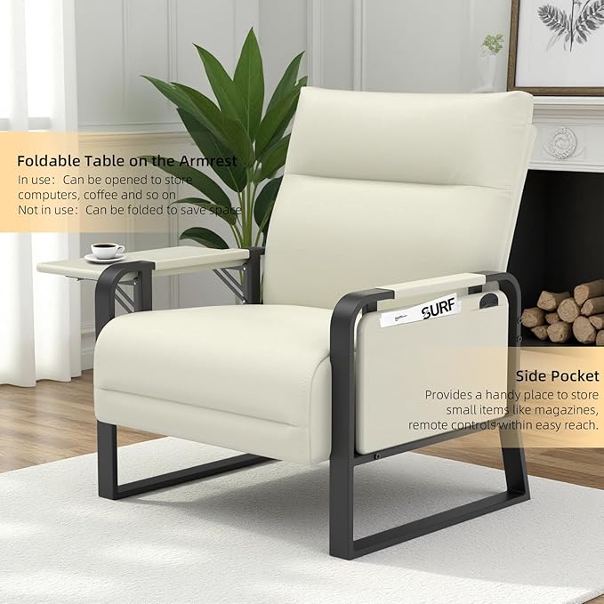 Faux Leather Accent Chair with Flip Up Tray Table Soft Backrest Side Pocket for Living Room Office Bedroom Leather Accent Chair Beige