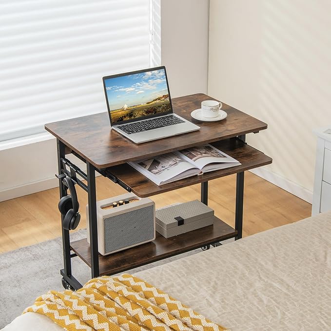 Portable Computer Desk Rolling Laptop Cart with Shelf &amp Hooks Small Home Office Desk for Small Spaces Study Table with Wheels