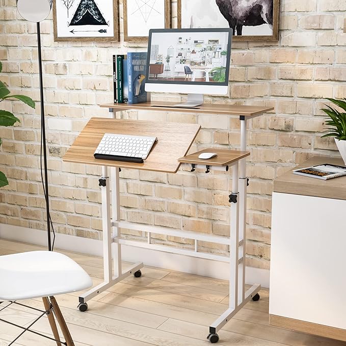 DlandHome Adjustable Rolling Desk Standing Desk Sit-Stand Desk Cart Mobile Computer Desk Stand Up Desk Office Desk Riser Standing Table Workstation Mobile Desk Oak