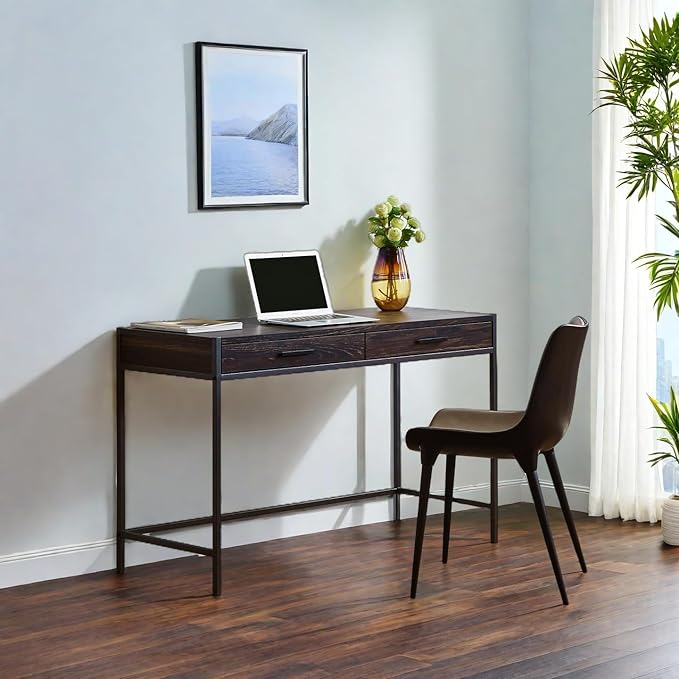 Caffoz 48 Dark Brown Writing Desk - 30KG Load Computer Desk with 2 Drawers &amp Storage Shelf 1-Person Easy Assembly Space-Saving Workstation for Home Office/Dorm/Bedroom Metal Wood Contemporary D