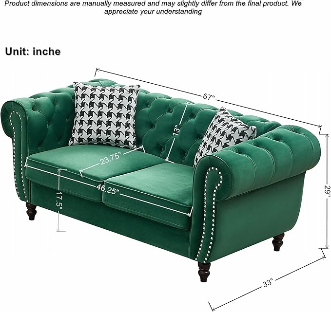 Loveseat Velvet Fabric Two- Seater Couch Buckle Design and Rivet Decoration Deep Seated Double Sofa Suitable for Living Room Bedroom Apartment Hotel etc (blue-02)