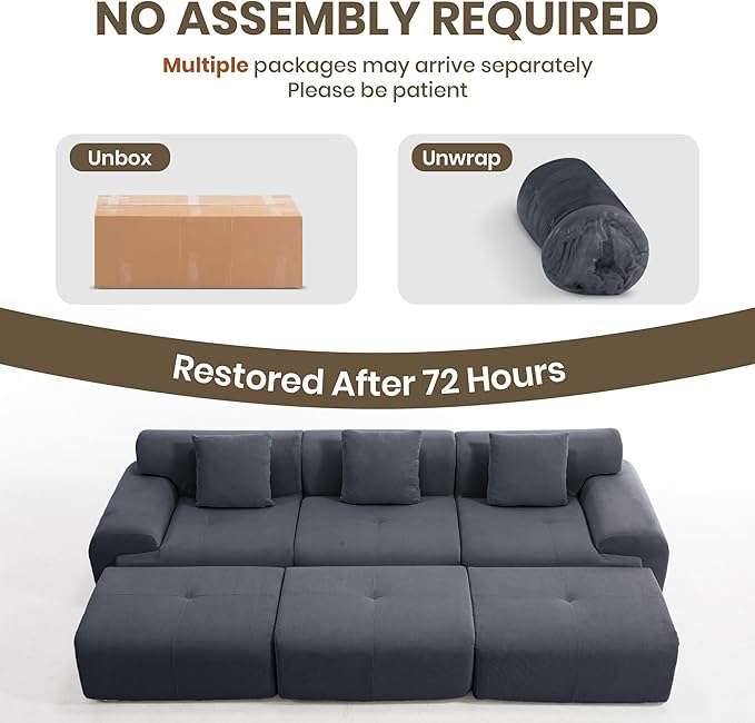 L-Shaped Boneless Modular Sectional Sofa Boneless Sectional Couch Oversized 3-Seater Cloud Couch with Deep Seat and Movable Ottoman for Living Room Apartment (Gray 3 Seater with 1 Ottoman)