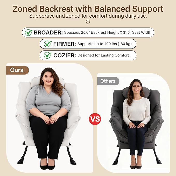 Lazy Chair with Ottoman Modern Accent Chair with Lumbar Pillow Beige Sofa Armchairs with Folding Footrest Oversized Supportive Chairs for Bedroom Reading