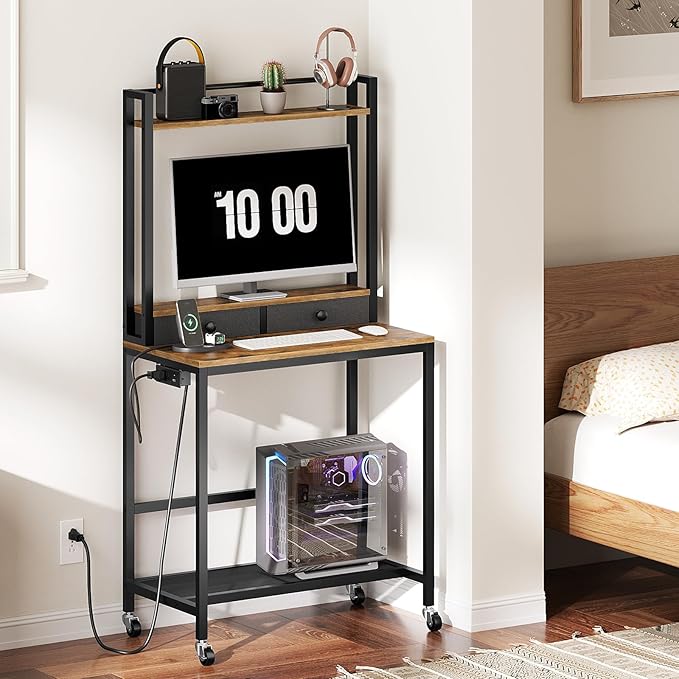 Computer Desk with Hutch and Drawers Home Office Desk with Power Outlets Gaming Desk with Monitor Stand and Wheels for Living Room Home Office Rustic Brown DN02UBR