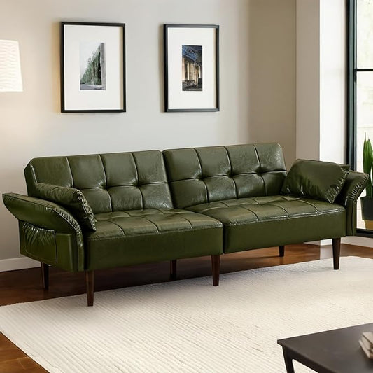 Futon Sofa Bed Sleeper Sofa Small Couch with Storage Adjustable Armrests Pillows Faux Leather Loveseat Mid Century Modern Couches for Living Room Bedroom Apartment Olive Green