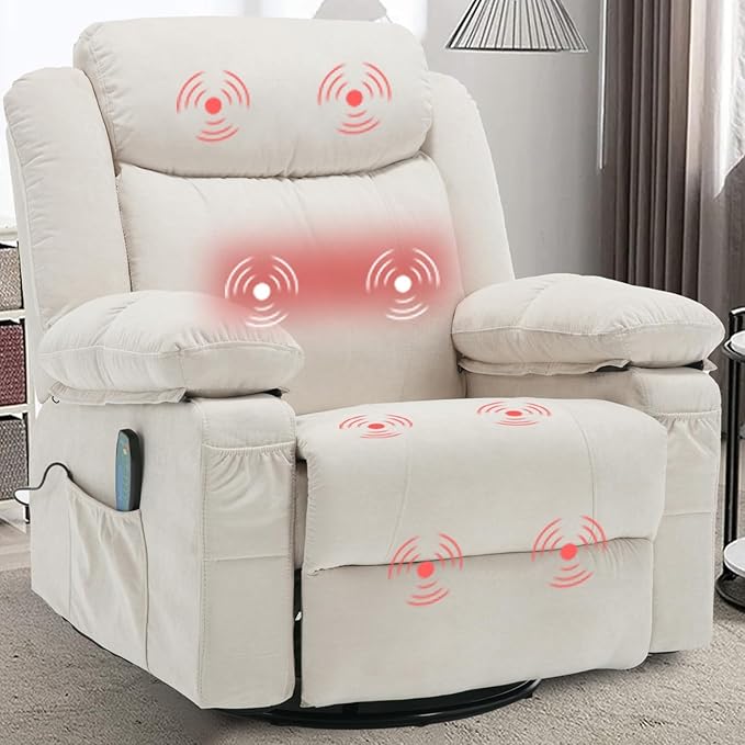 Swivel Rocker Massage Recliner Chair with Heat Overstuffed Fabric Rocking Recliners Single Sofa for Adult Manual Reclining Recliners Home Theater Lounge Chairs for Living RoomWhite