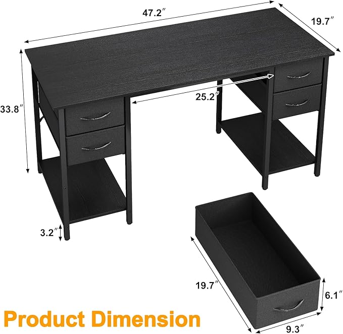 Grandder Computer Desk with 4 Drawers 47 Inch Office Desk with Storage Gaming Desk with CPU Shelves Writing Desk Work Desk for Home Office Study Bedroom Work from Home Black