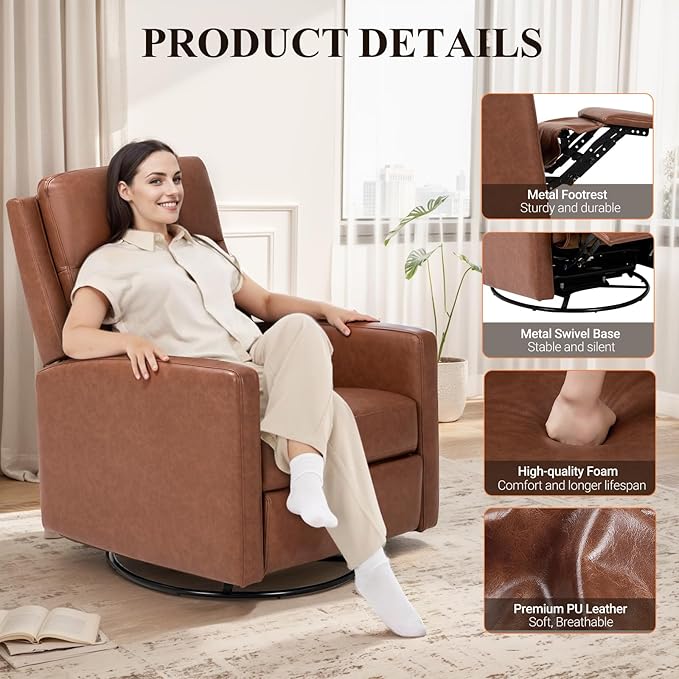 COLAMY Leather Recliner Chair for Adults Swivel Rocker Recliner for Small Spaces Wide Glider Rocking Nursery Chair with Ergonomic High Backrest for Home Living Room Office Bedroom（Cocoa）