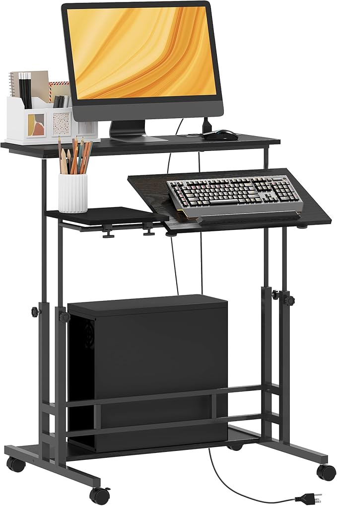 HOMCOM Height Adjustable Standing Desk with Power Outlets Stand Up Desk with Tiltable Tabletop Lockable Wheels Bottom Shelf Rolling Workstation for Home Office Black
