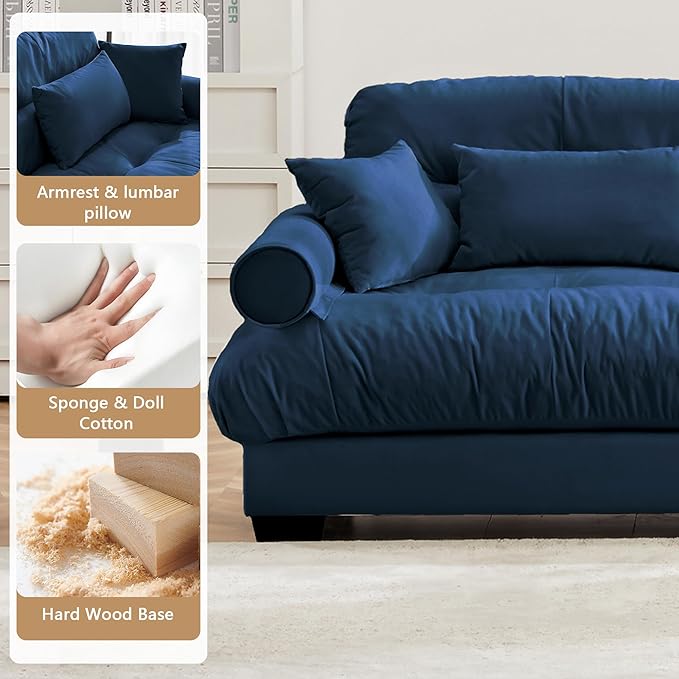 Setawix Velvet Cloud Sofas Couches for Living RoomModular Sectional 3 Seater Sofa Couch with Deep SeatOversized 3 Seat Sofa with Pillows for BedroomOffice(Blue)